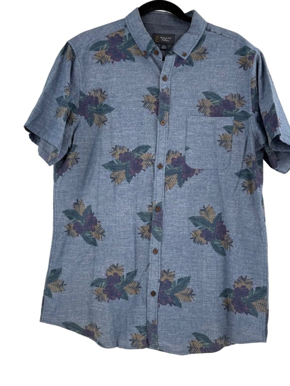 Wallin & Bros Mens L Blue Floral Button-Up Short Sleeve 100% Cotton Shirt